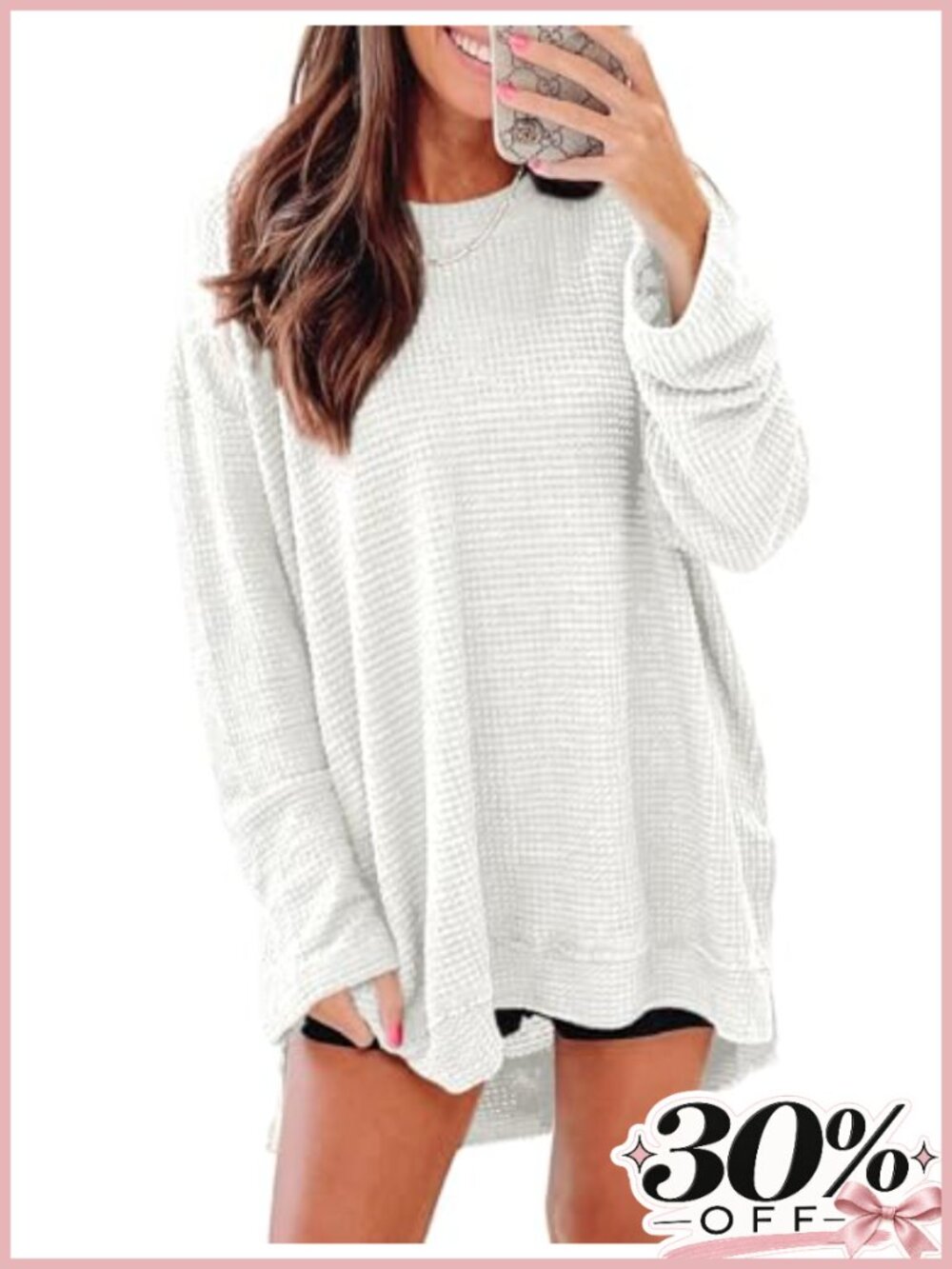 Oversized Waffle Knit Long Sleeve Crewneck Tunic Top Casual Fall Women